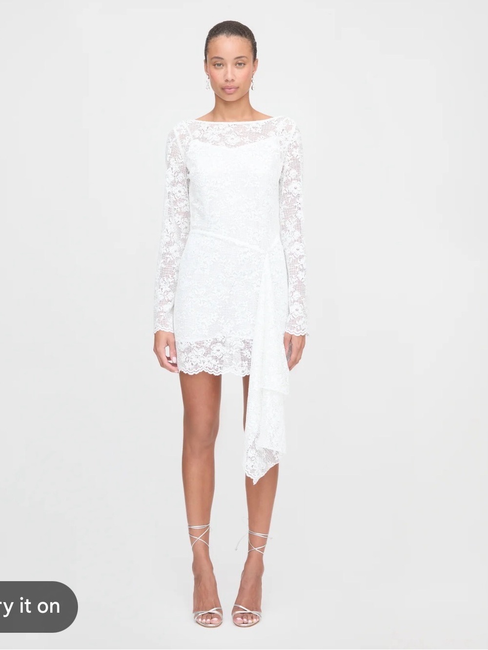 Hill House White Lace Long-Sleeve Mini Dress with Side Drape